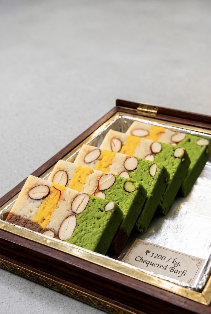 Chequered barfi in pistachio, saffron and cardamom