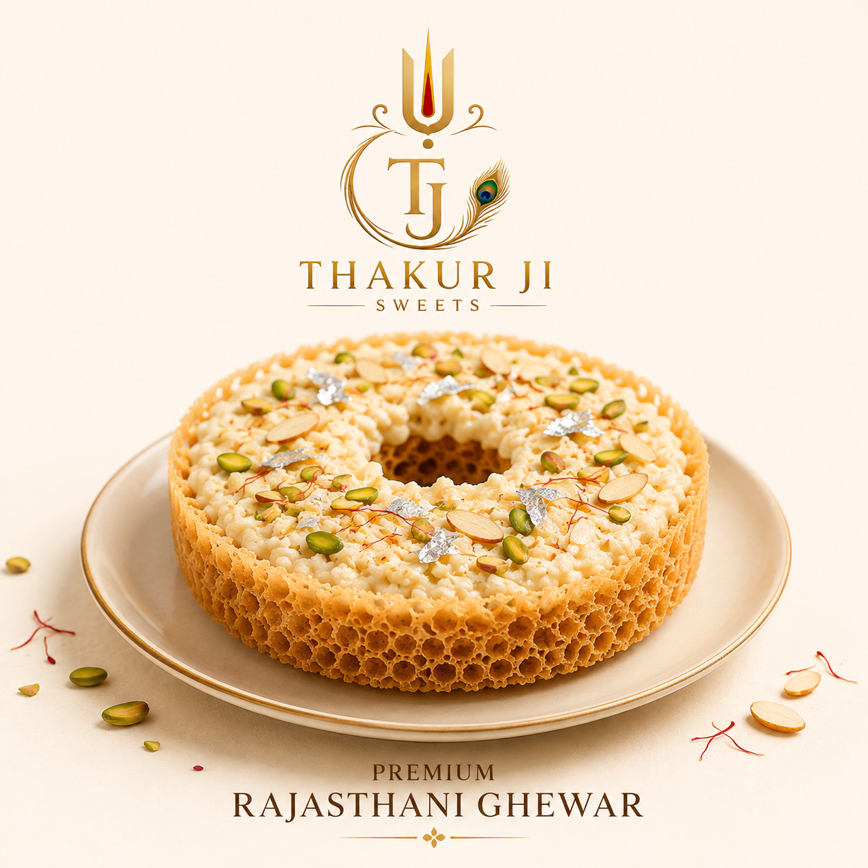 Rajasthani ghewar with rabri and silver leaf