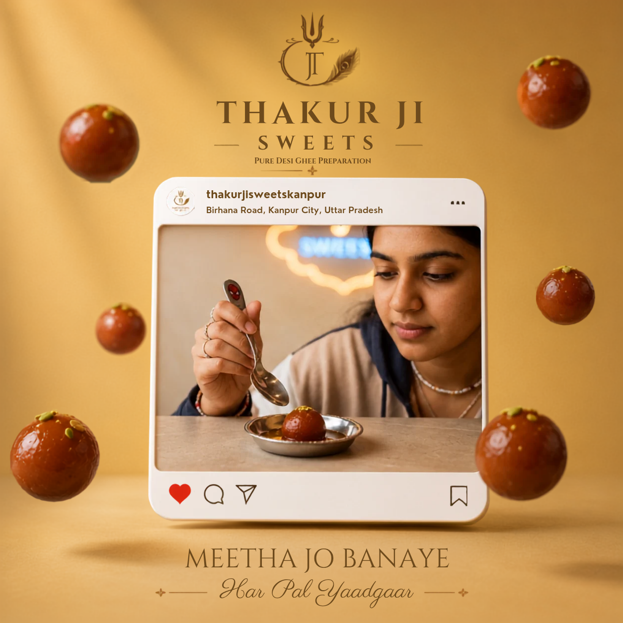 Enjoying a gulab jamun at Thakur Ji Sweets, Birhana Road