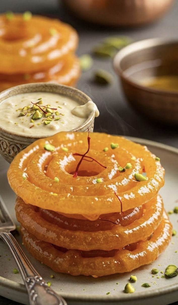 Fresh jalebi with rabri, saffron and pistachio