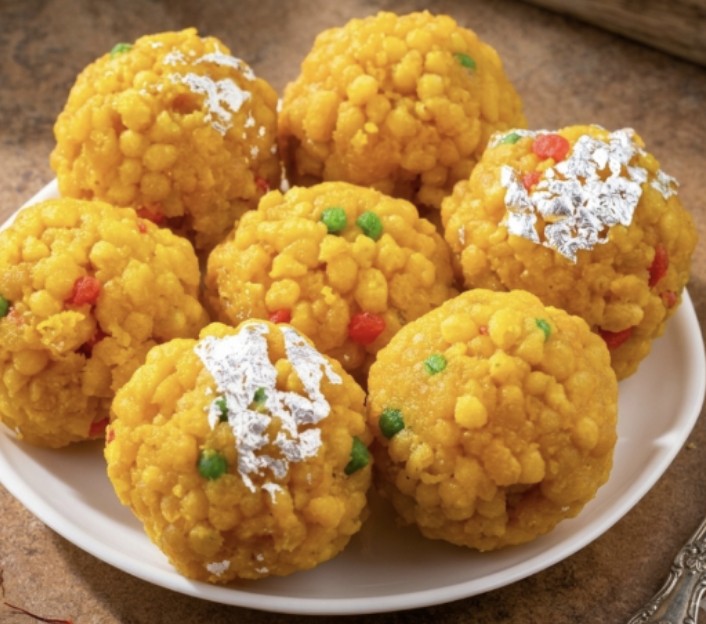Motichoor laddu with silver leaf